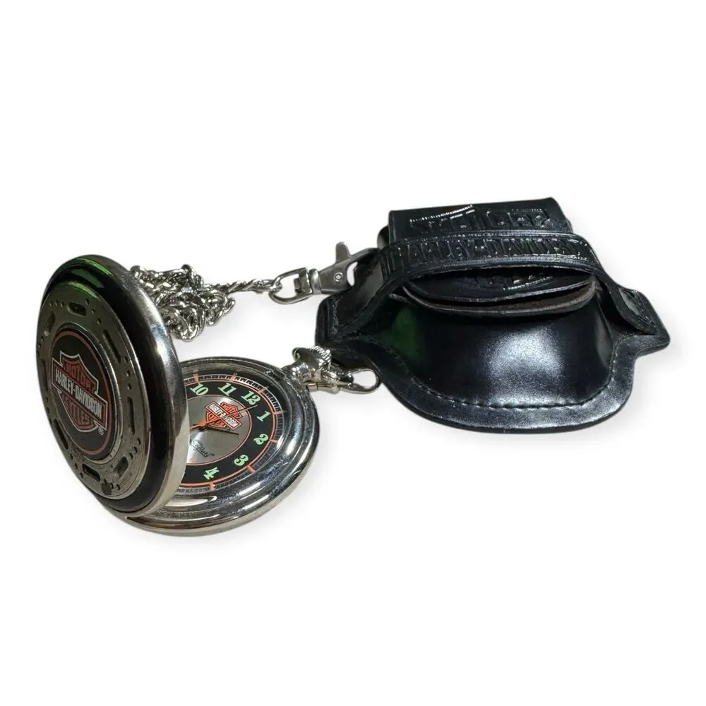 Harley-Davidson Pocket Watch Glow in Dark Vintage Quartz Chain w/ Leather Case‎
